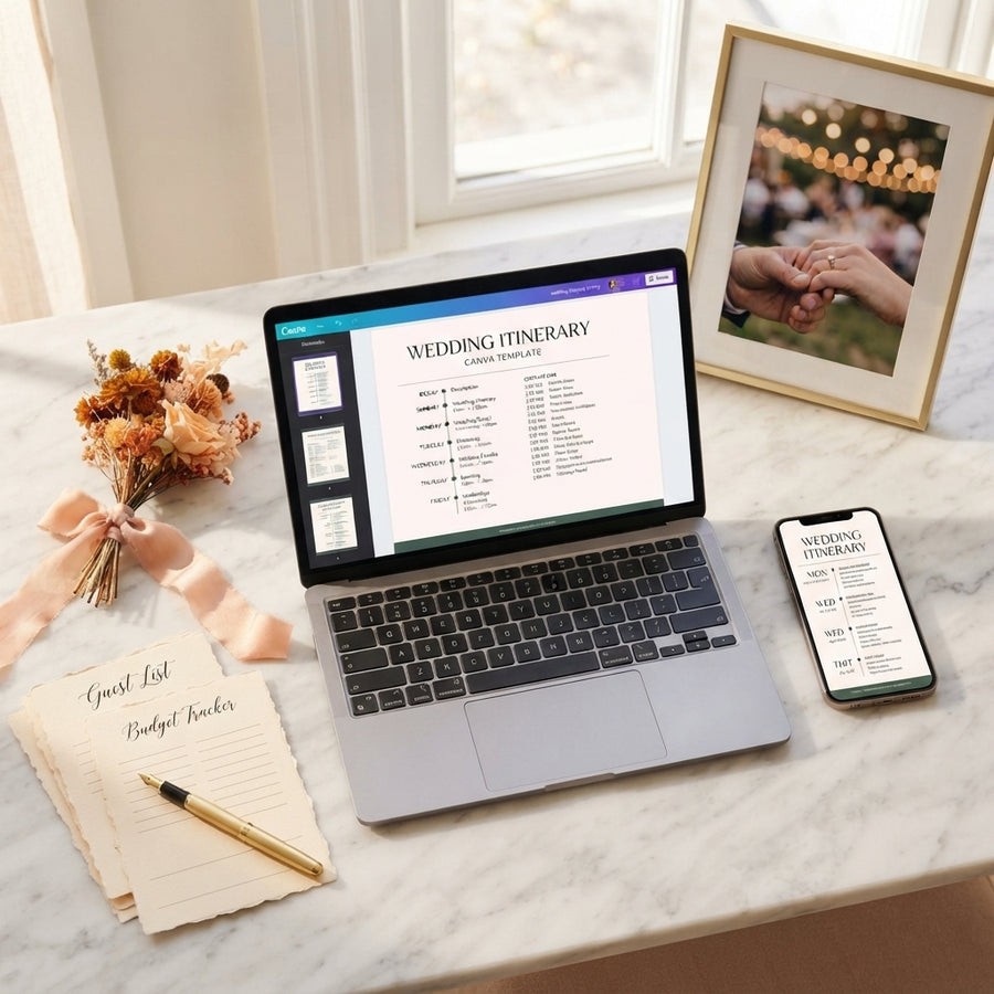A laptop and smartphone displaying wedding planning templates on a desk with elegant stationery, flowers, and soft ribbons.