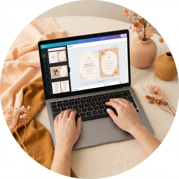 A person editing wedding invitation templates on a laptop on a cream-colored table with soft peach and ochre accents.