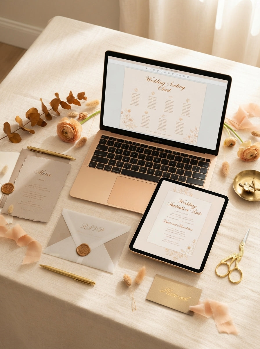 A luxury wedding planning bundle displayed on a laptop and tablet with floral accents in soft peach and ochre on a cream back