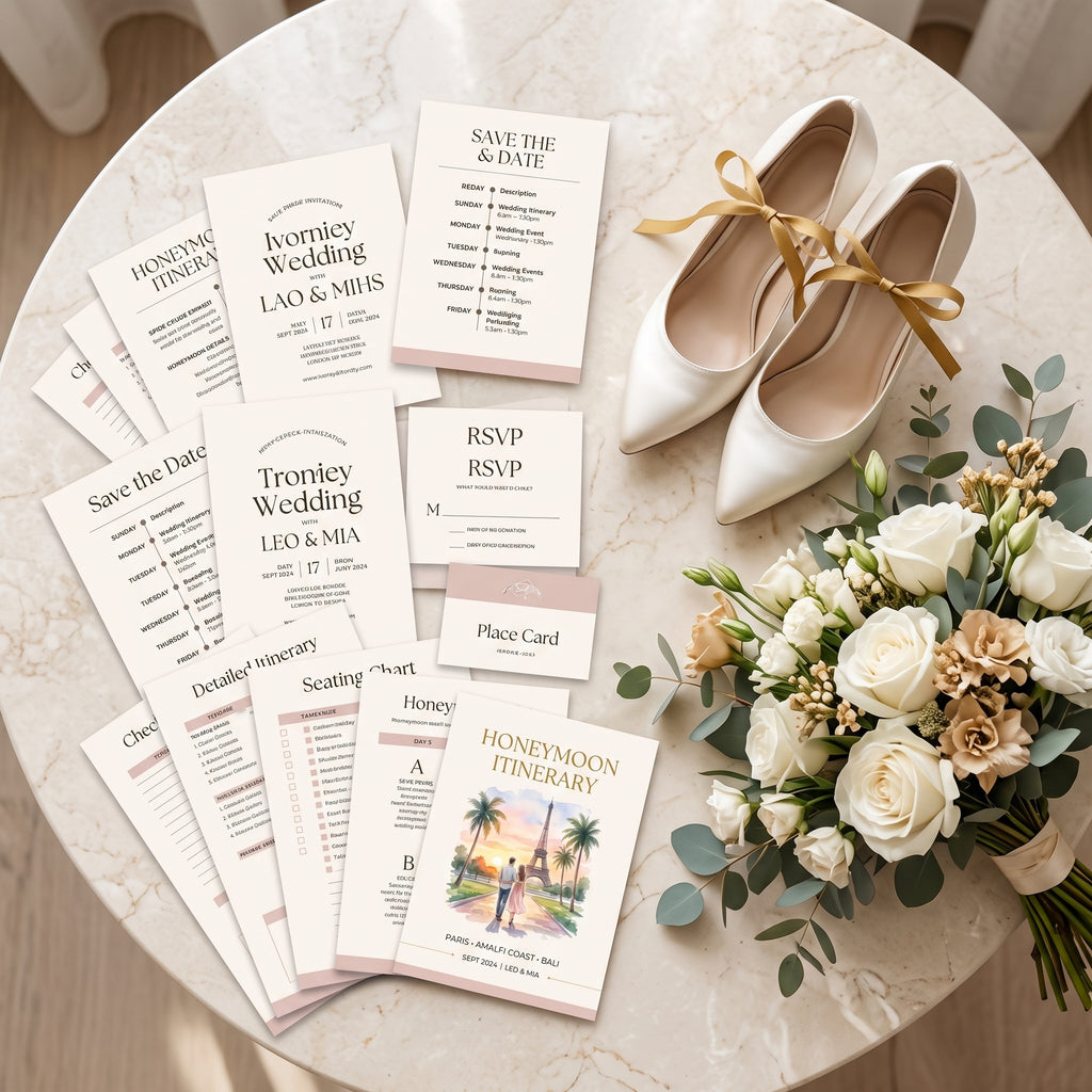 Preview graphic showing multiple wedding planning templates from the Weddeasy bundle